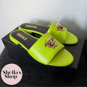 NIB Versace Medusa Leather Slide Sandals Acid Lime Green, Sizes 37 & 38